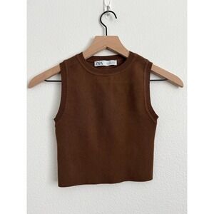 Zara Chocolate Brown Knit Crop Tank Top Small Neutral Clean Girl Ribbed Shell